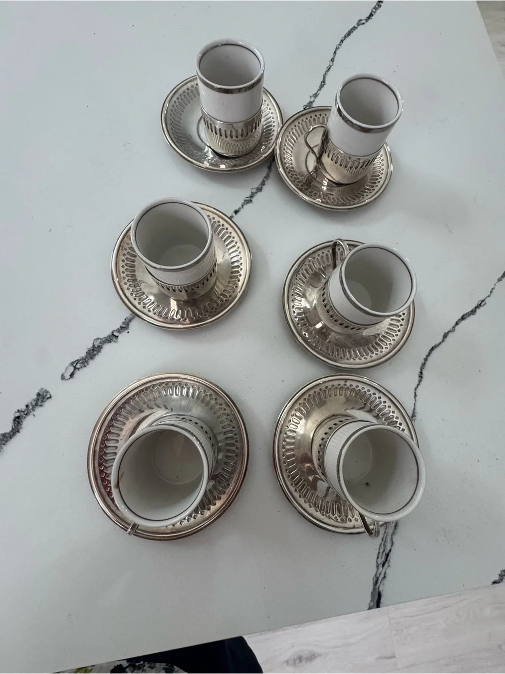 Silver Tone Porcelain Espresso Cup & Saucer Set - 6 Pieces
